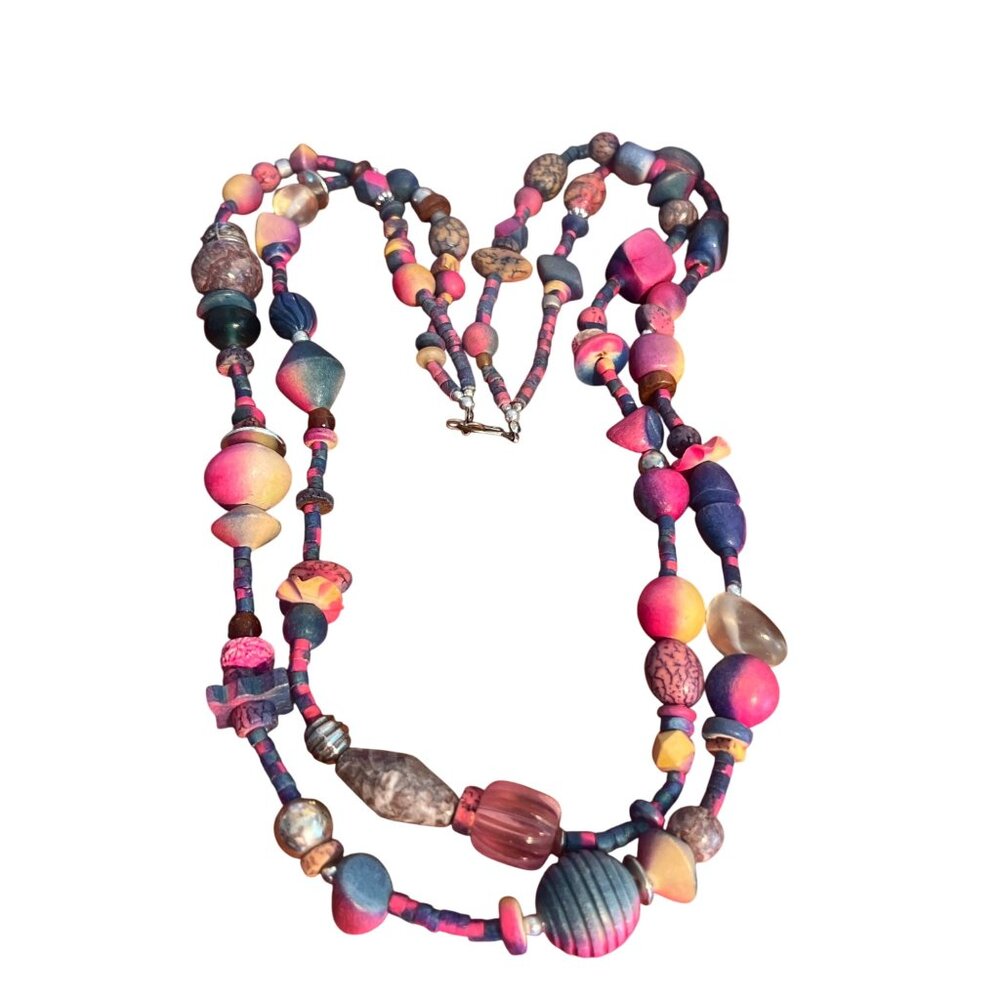 Vintage Multicolor Wood Acrylic Beaded Necklace Double Strand Blue Pink Hook 30"